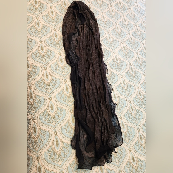 Black Gold Sheer Shimmery Ruffle Edge Scarf Ralph Lauren - Picture 2 of 2